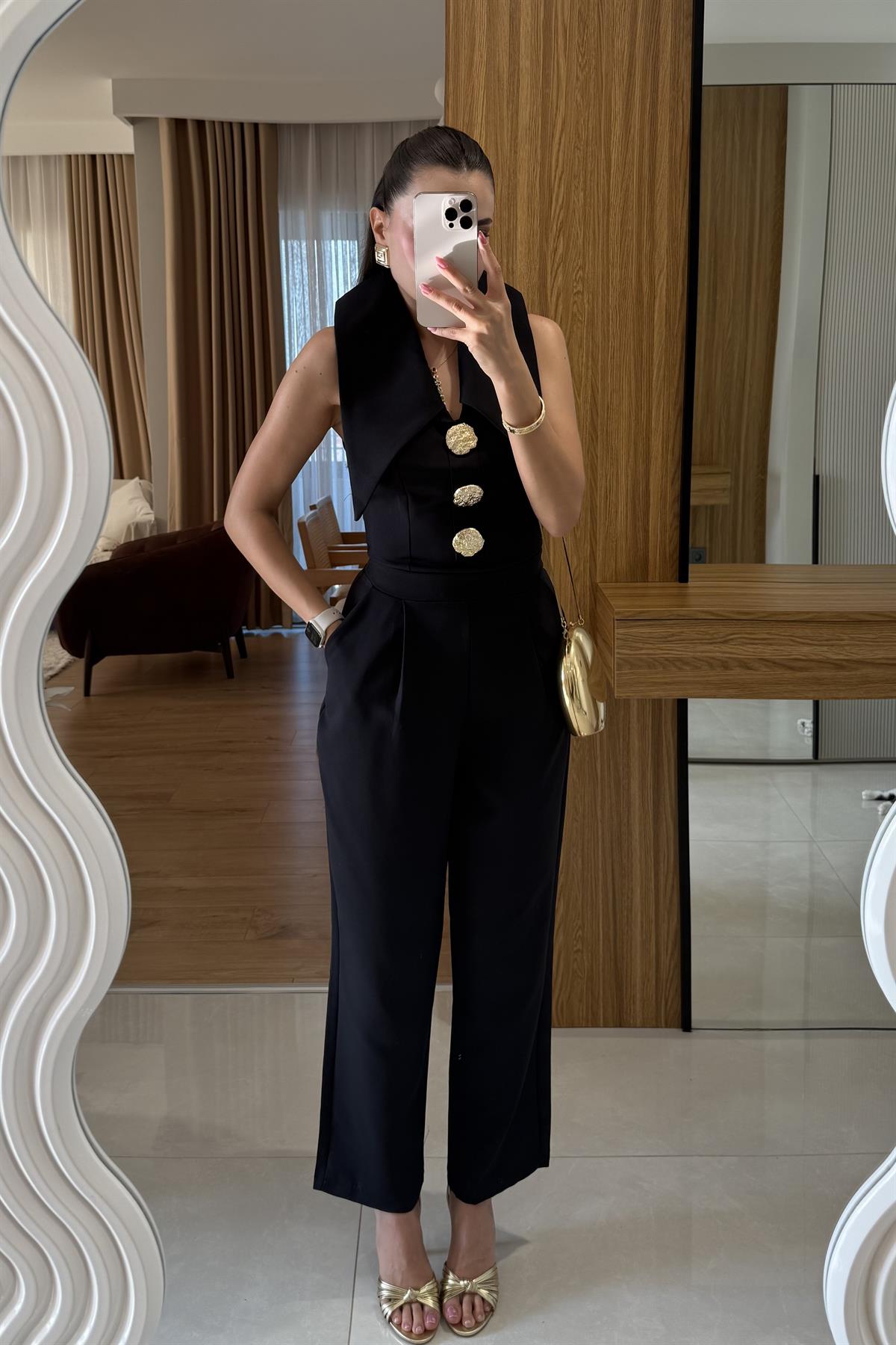 Blish Siyah Tasarım Yaka Tulum 