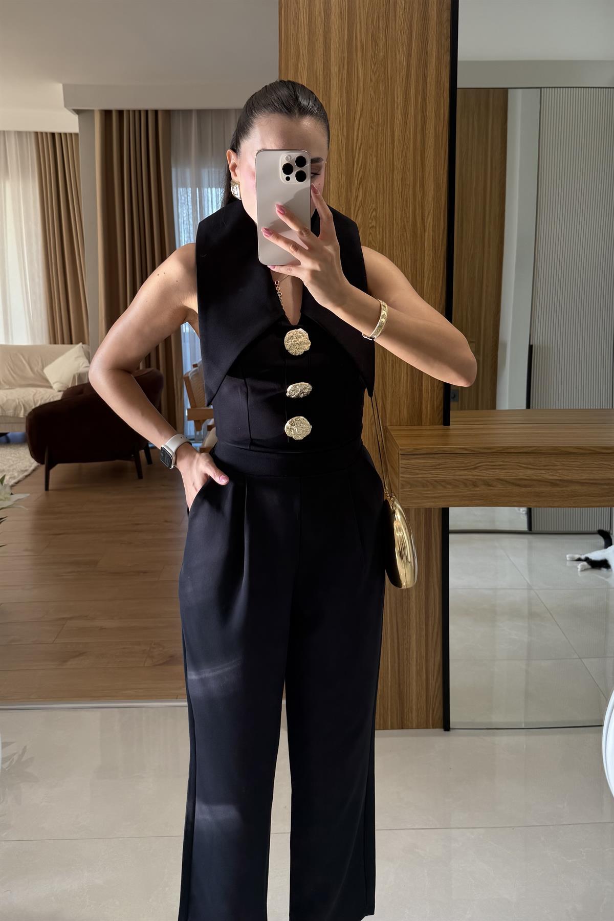 Blish Siyah Tasarım Yaka Tulum 