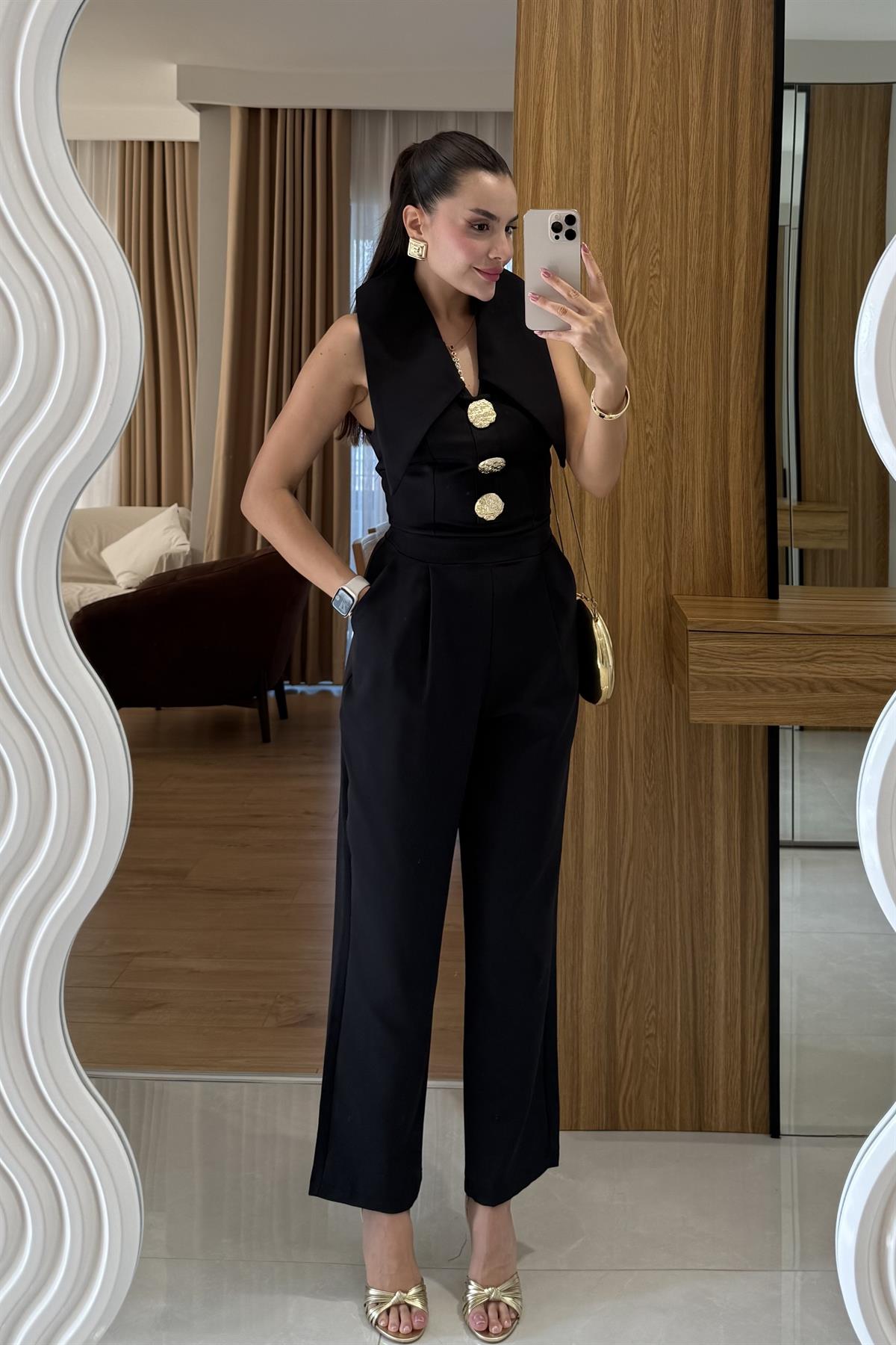 Blish Siyah Tasarım Yaka Tulum 