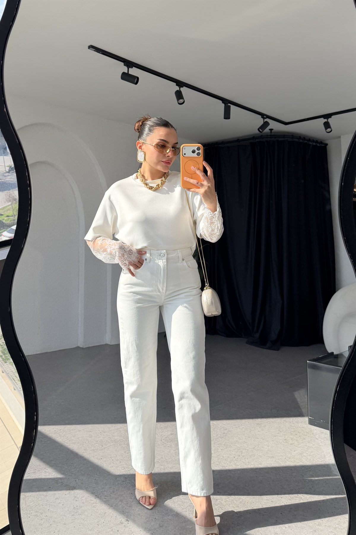 Blob Beyaz Yüksek Bel Boyfit Jean