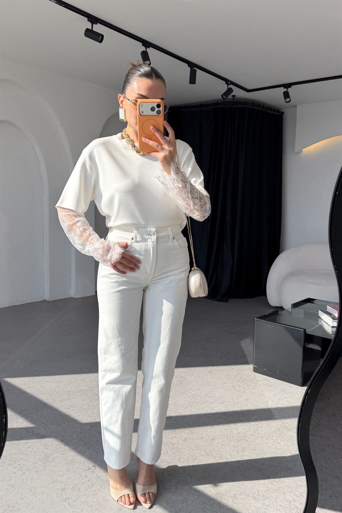 Blob Beyaz Yüksek Bel Boyfit Jean