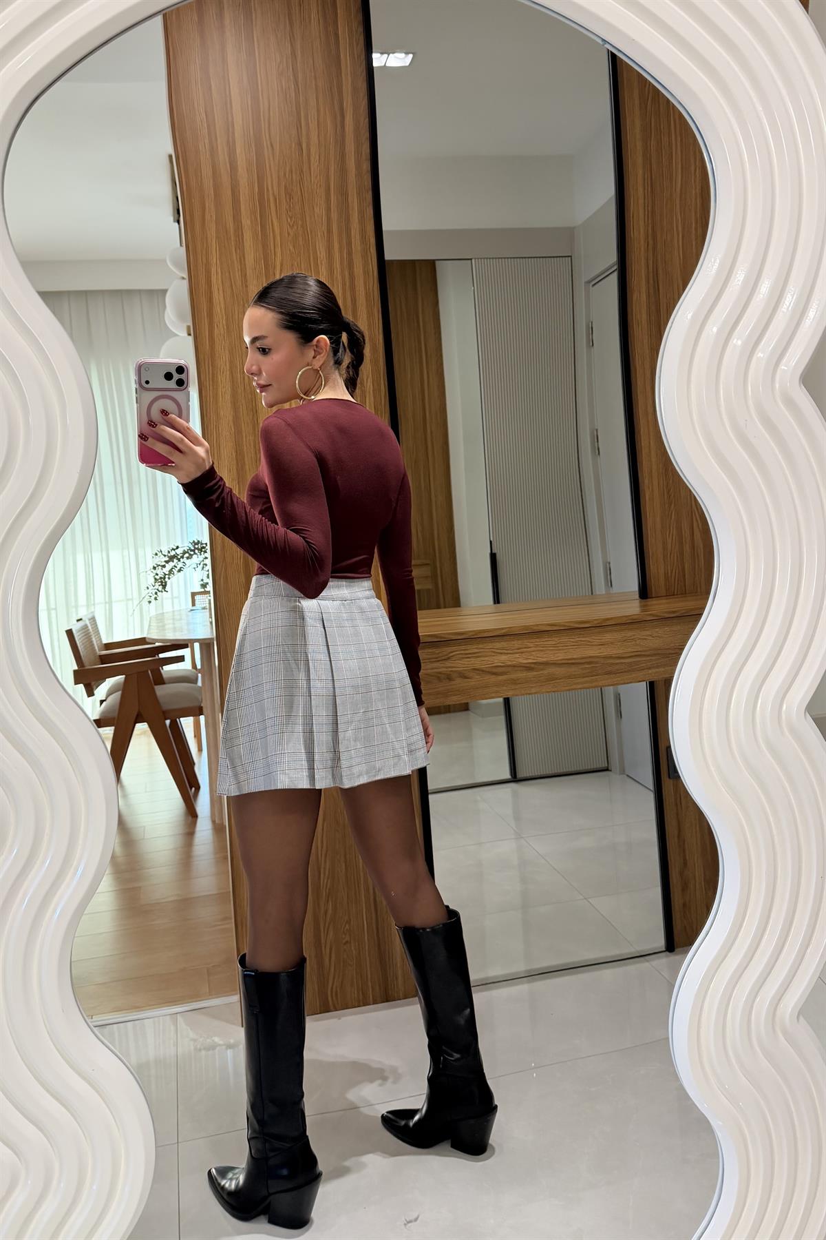 Blondie Gri Ekose Şort Etek