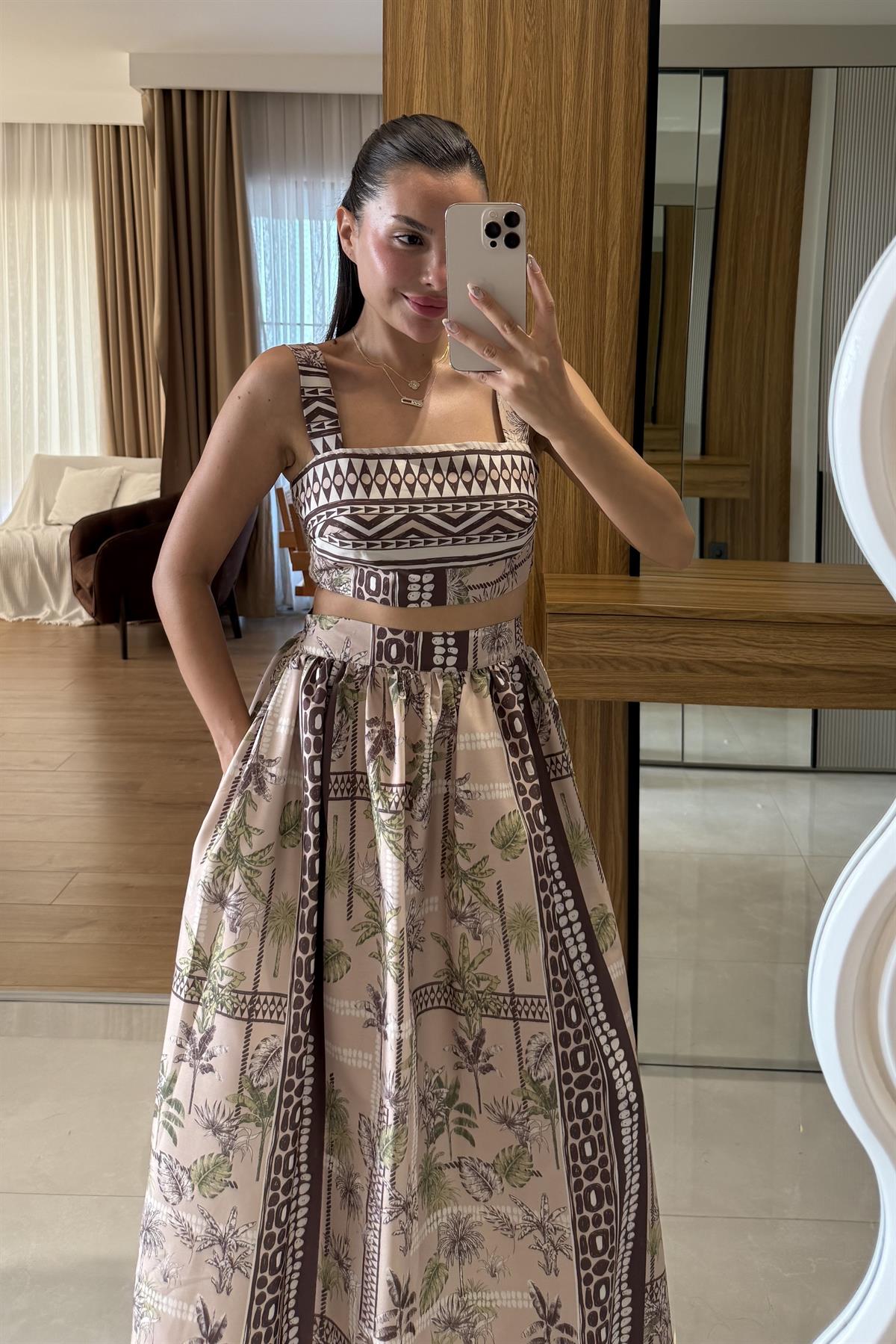 Bloody Kahve Desenli Kalın Askılı Etekli Takım