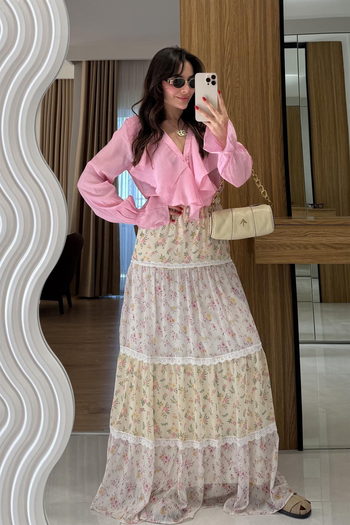 Blooming Çiçek Desen Kat Kat Etek