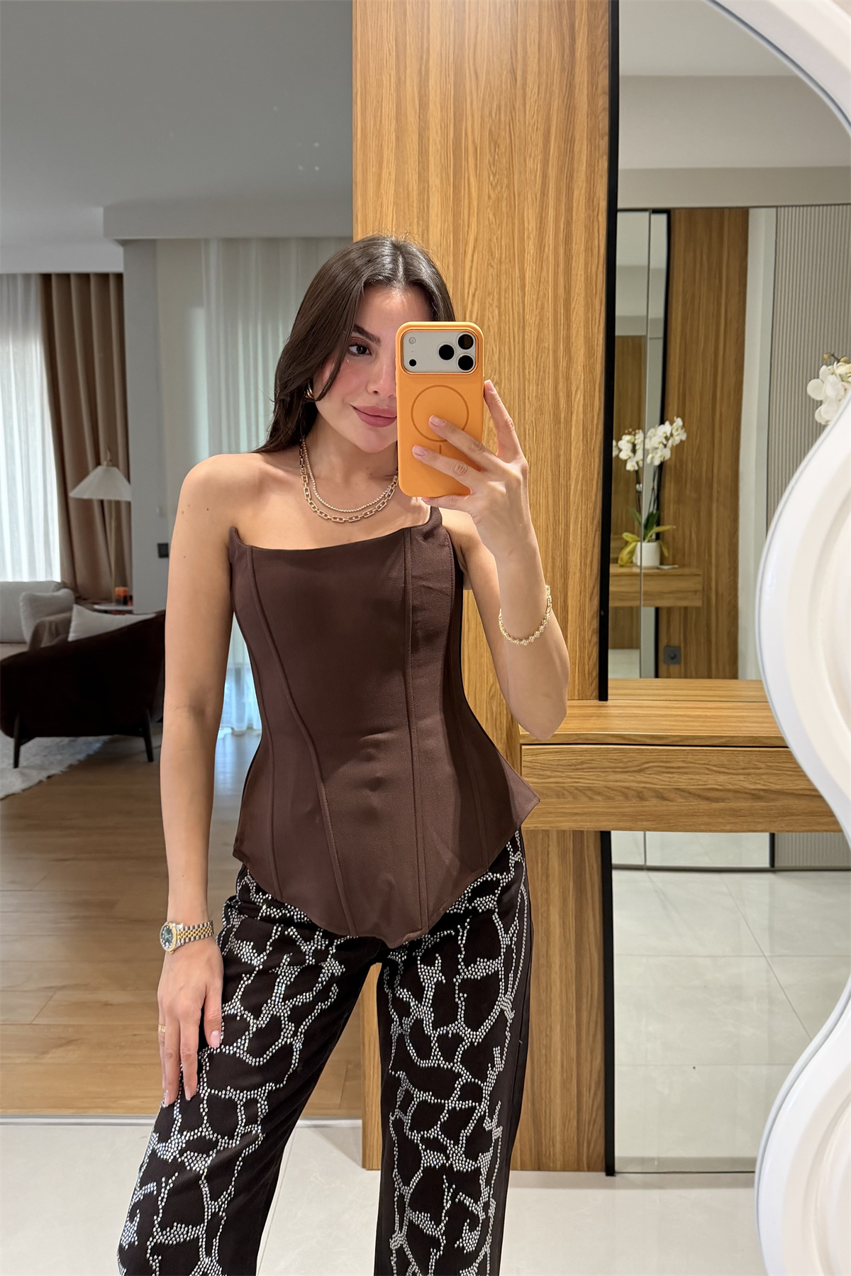 Blow Kahve Straplez Korse Bluz