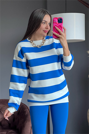 Blue white şeritli şardonlu sweat