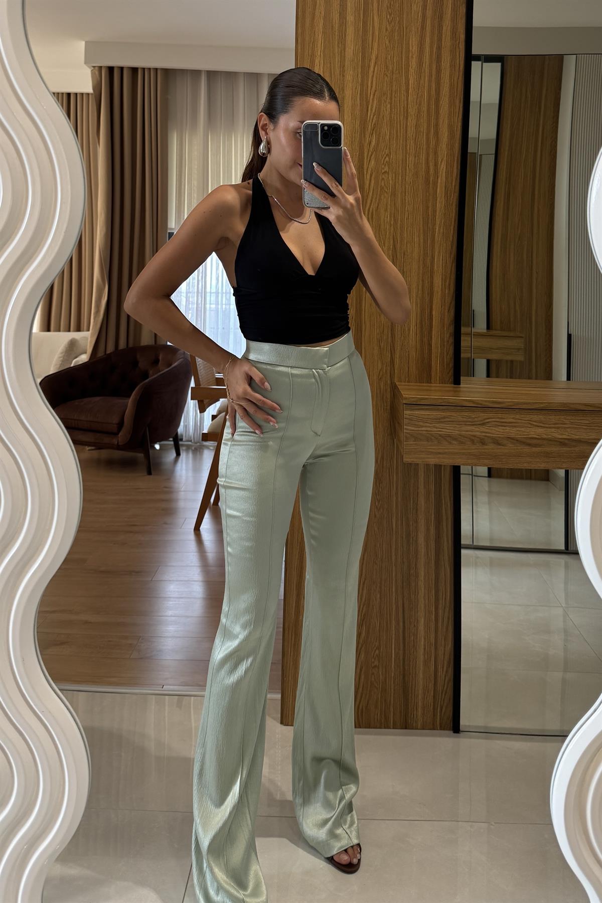 Bolesa Saten Yüksek Bel Palazzo Pantolon