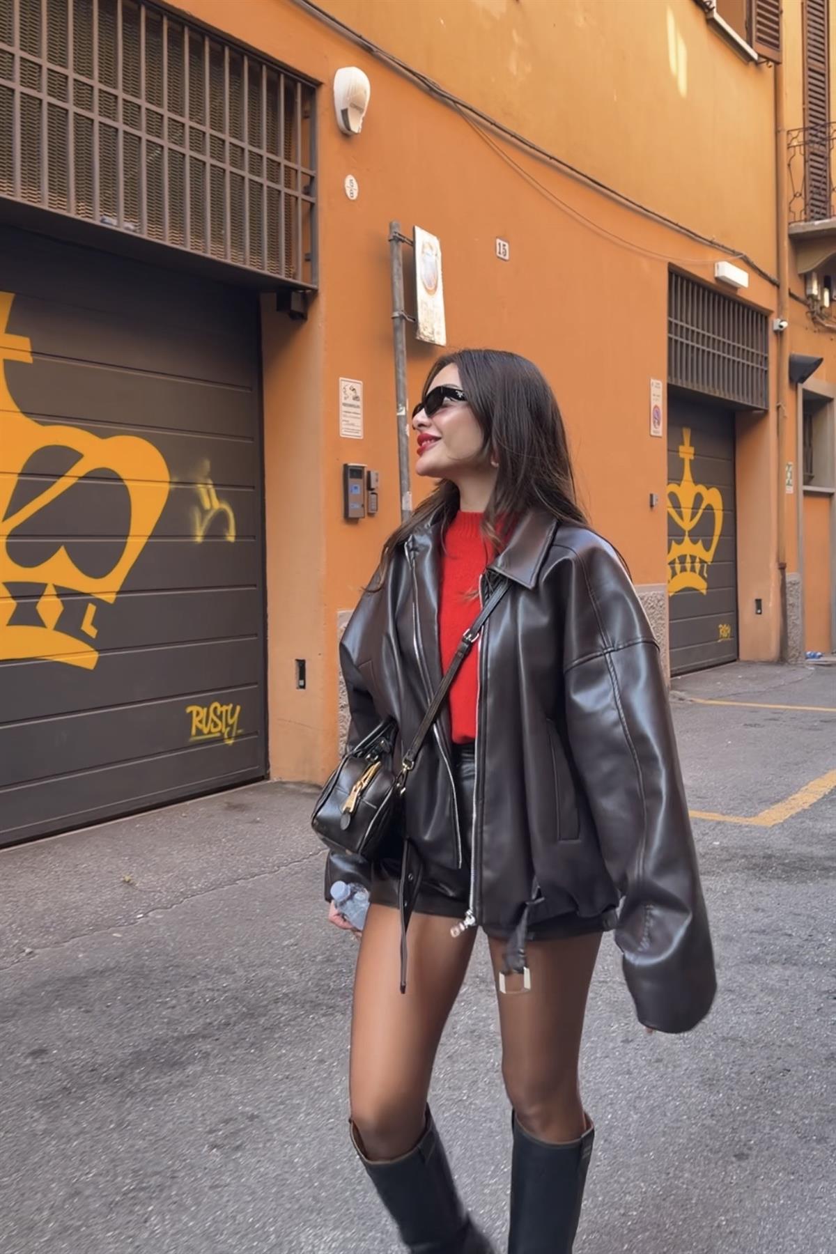 Bolonya Acı Kahve Deri Bomber Ceket
