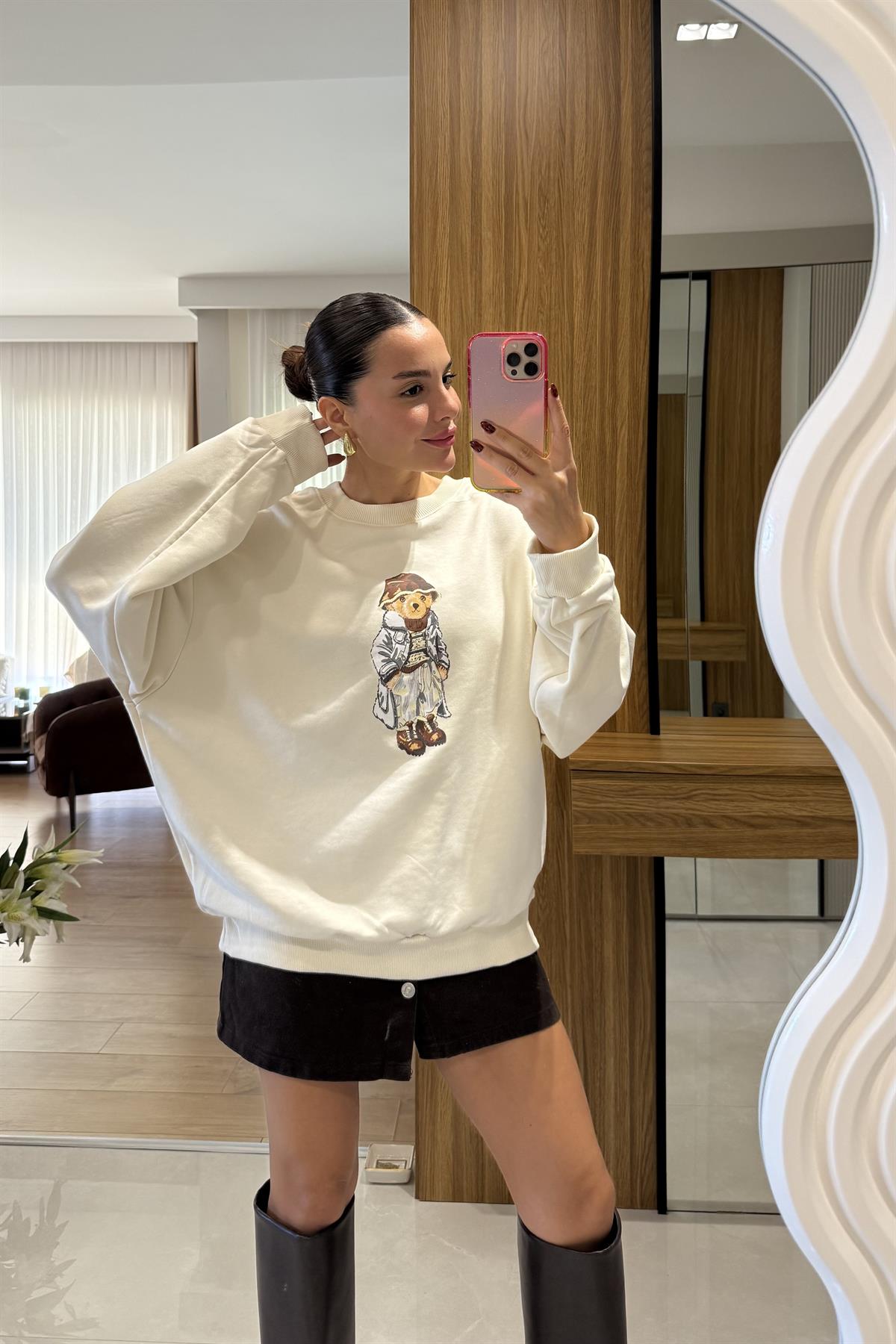 Bonia Bej Ayı Baskılı Şardonsuz Sweatshirt