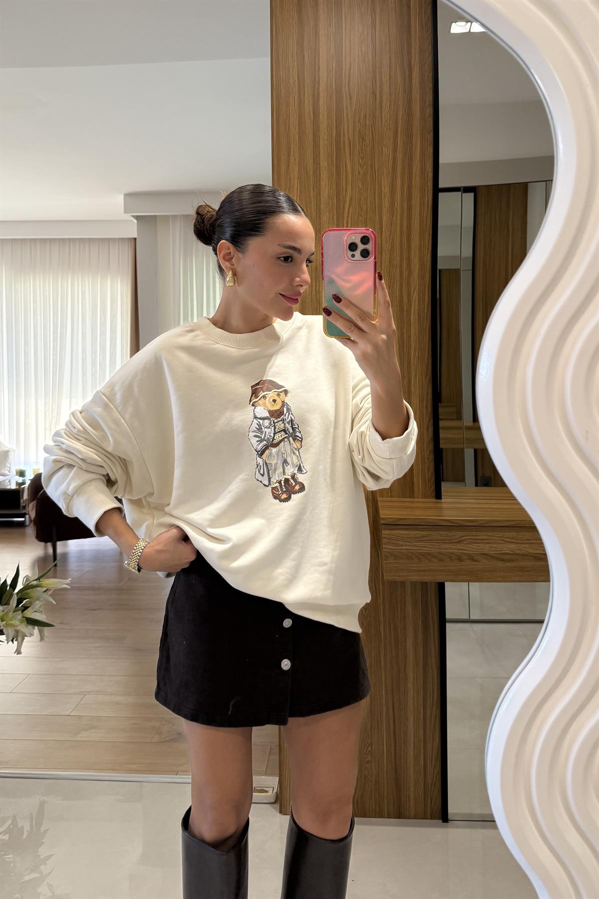 Bonia Bej Ayı Baskılı Şardonsuz Sweatshirt