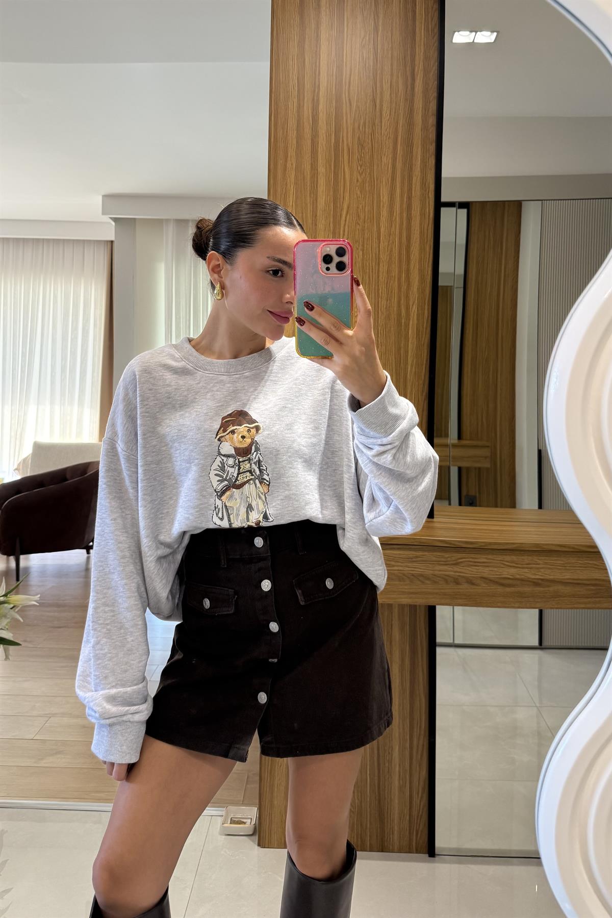 Bonia Gri Ayı Baskılı Şardonsuz Sweatshirt