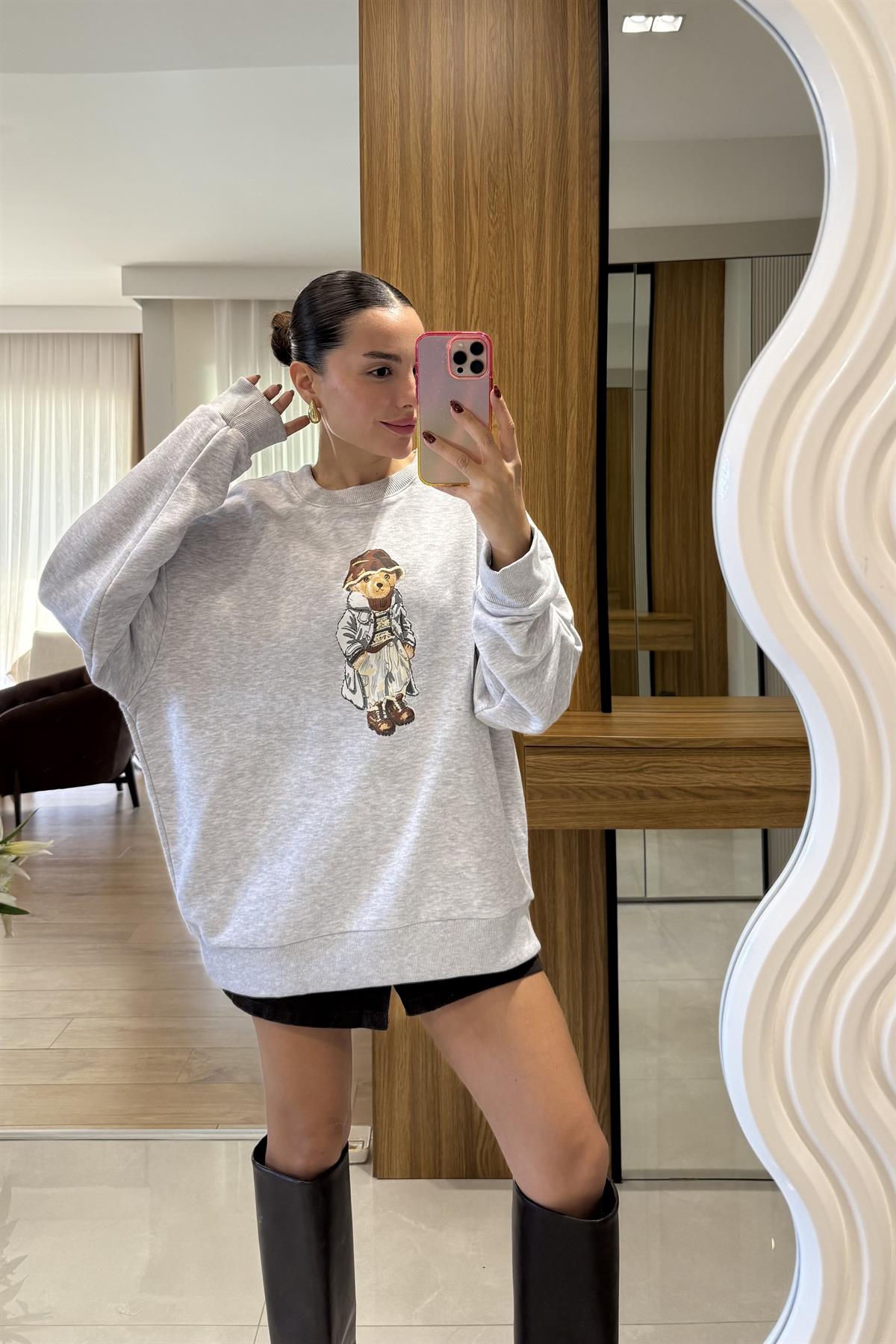 Bonia Gri Ayı Baskılı Şardonsuz Sweatshirt