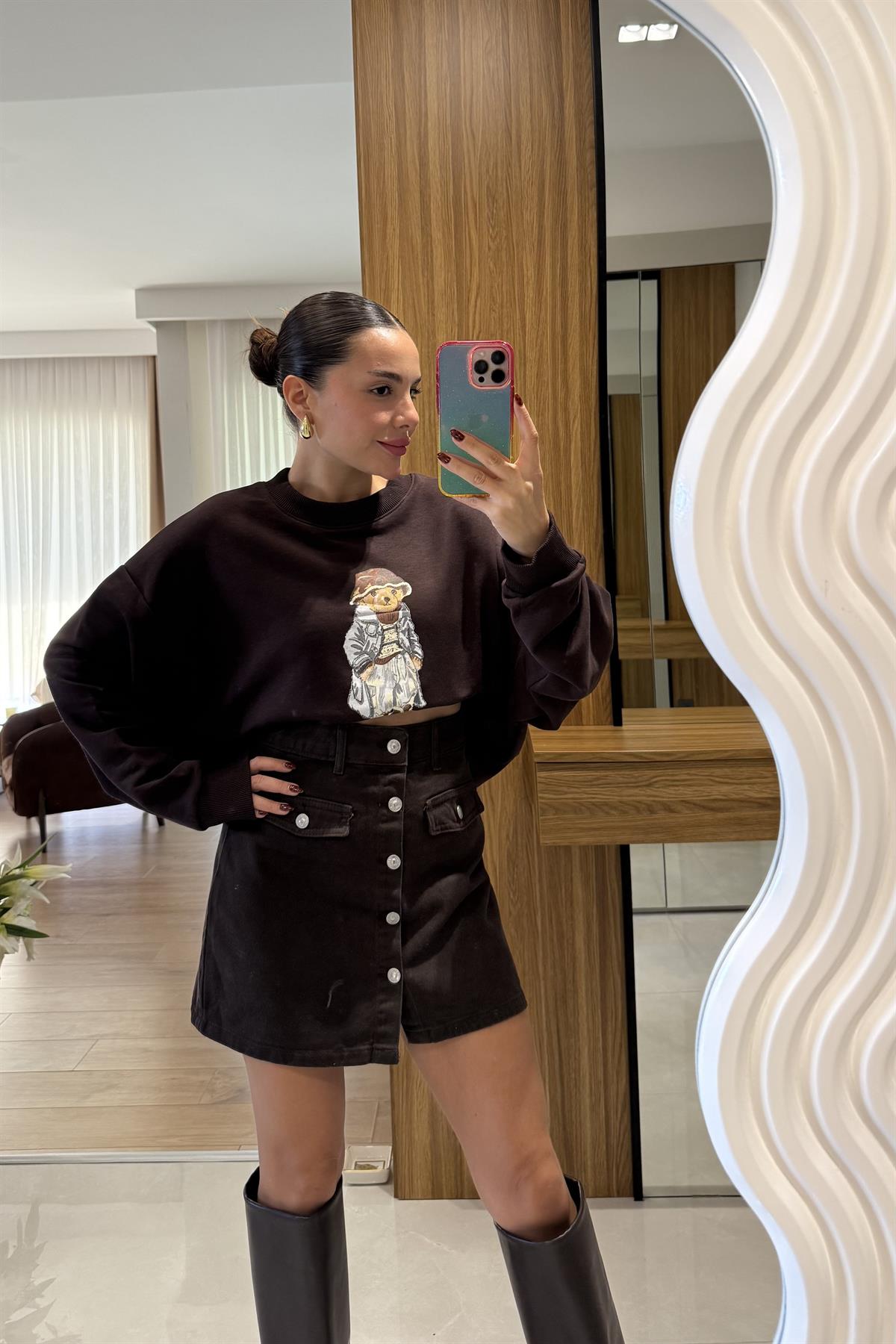 Bonia Kahve Ayı Baskılı Şardonsuz Sweatshirt