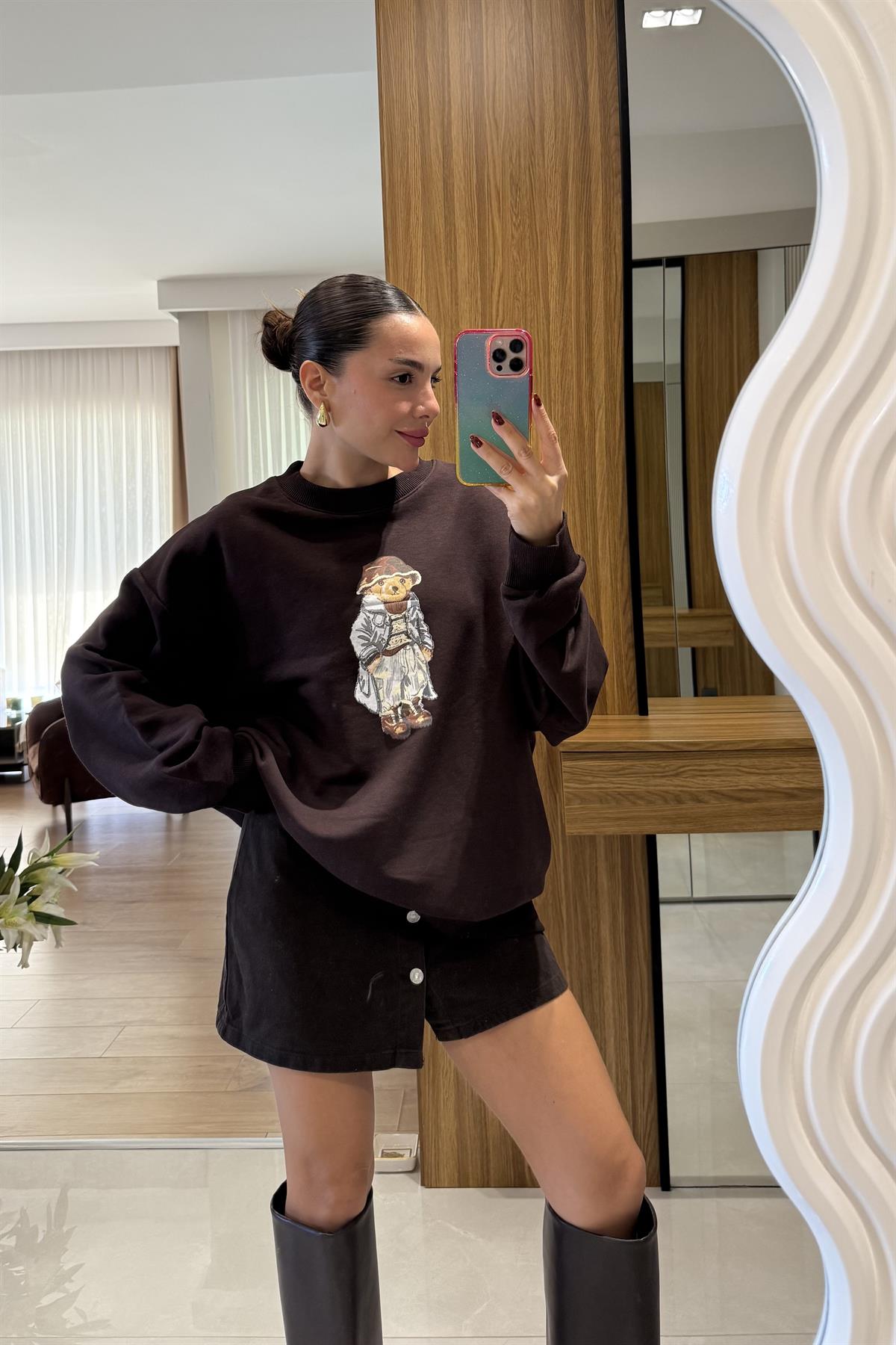 Bonia Kahve Ayı Baskılı Şardonsuz Sweatshirt