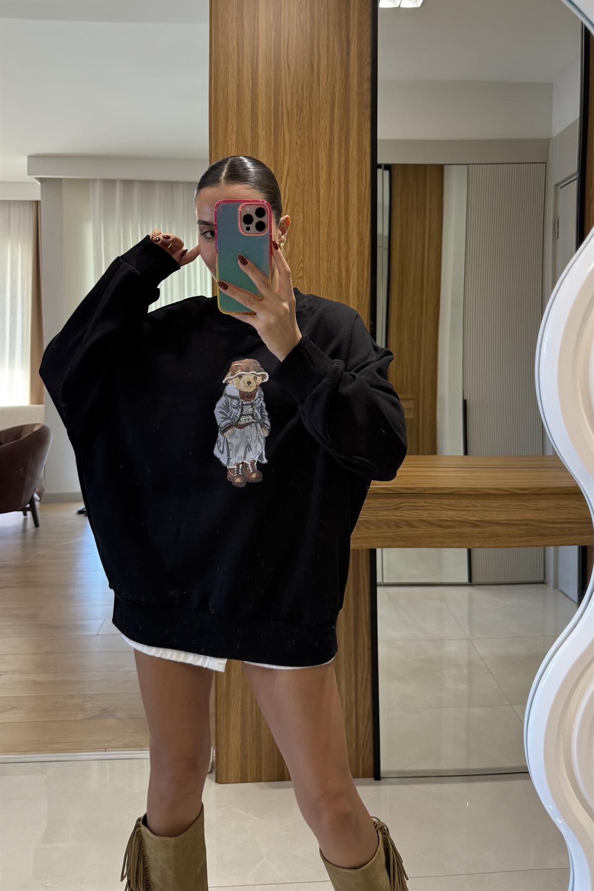 Bonia Siyah Ayı Baskılı Şardonsuz Sweatshirt