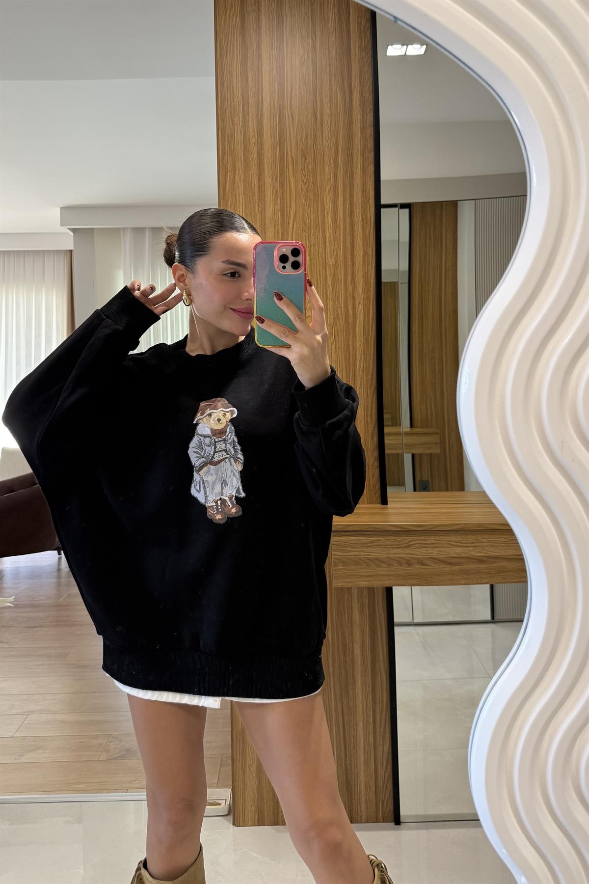 Bonia Siyah Ayı Baskılı Şardonsuz Sweatshirt