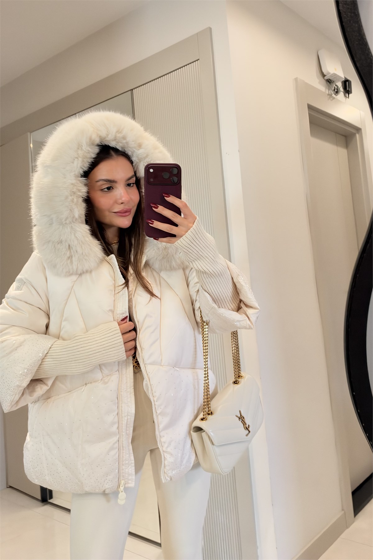 Bonilla Krem Taşlı Premium Lüks Şişme Mont