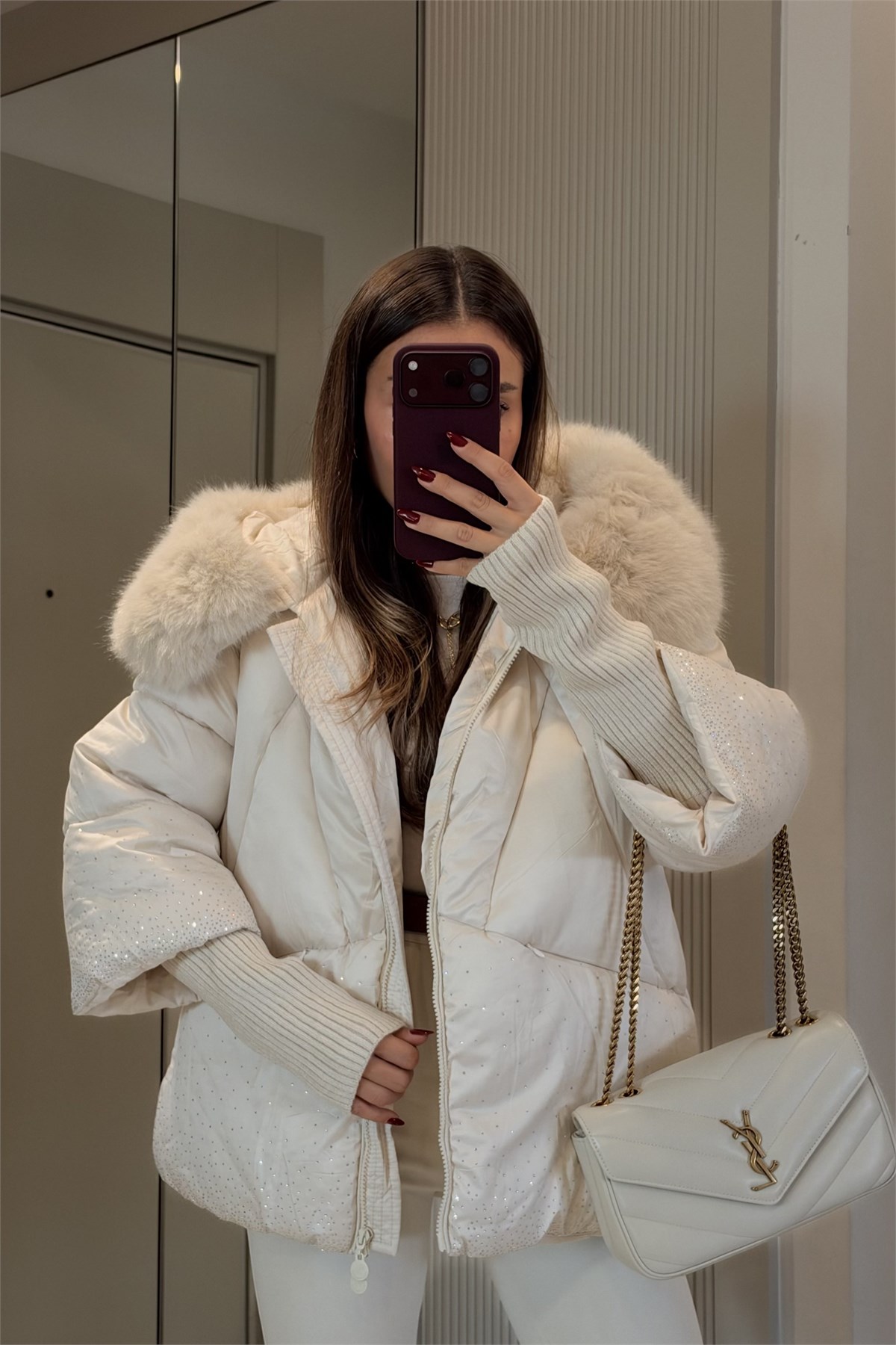 Bonilla Krem Taşlı Premium Lüks Şişme Mont