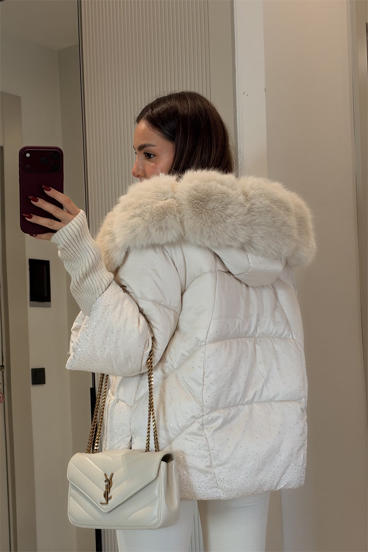 Bonilla Krem Taşlı Premium Lüks Şişme Mont