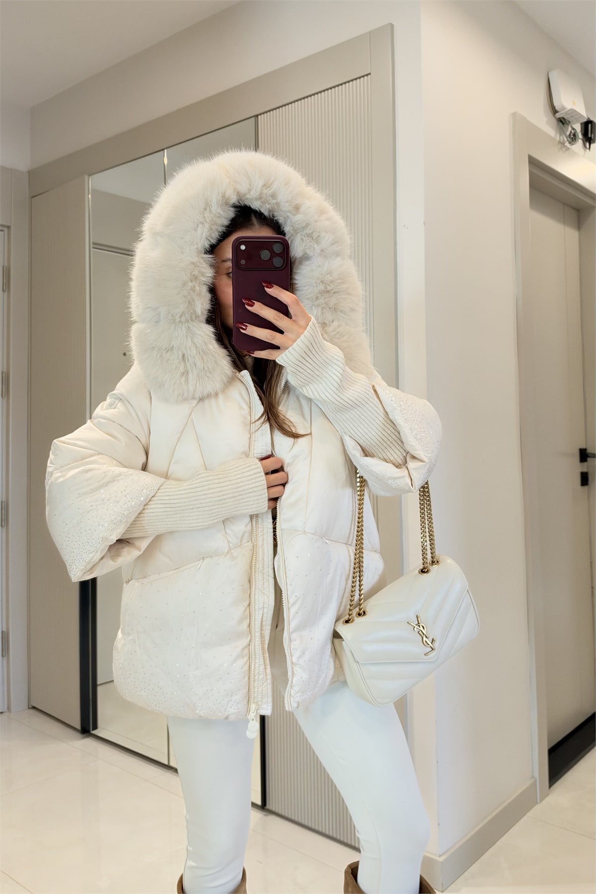 Bonilla Krem Taşlı Premium Lüks Şişme Mont