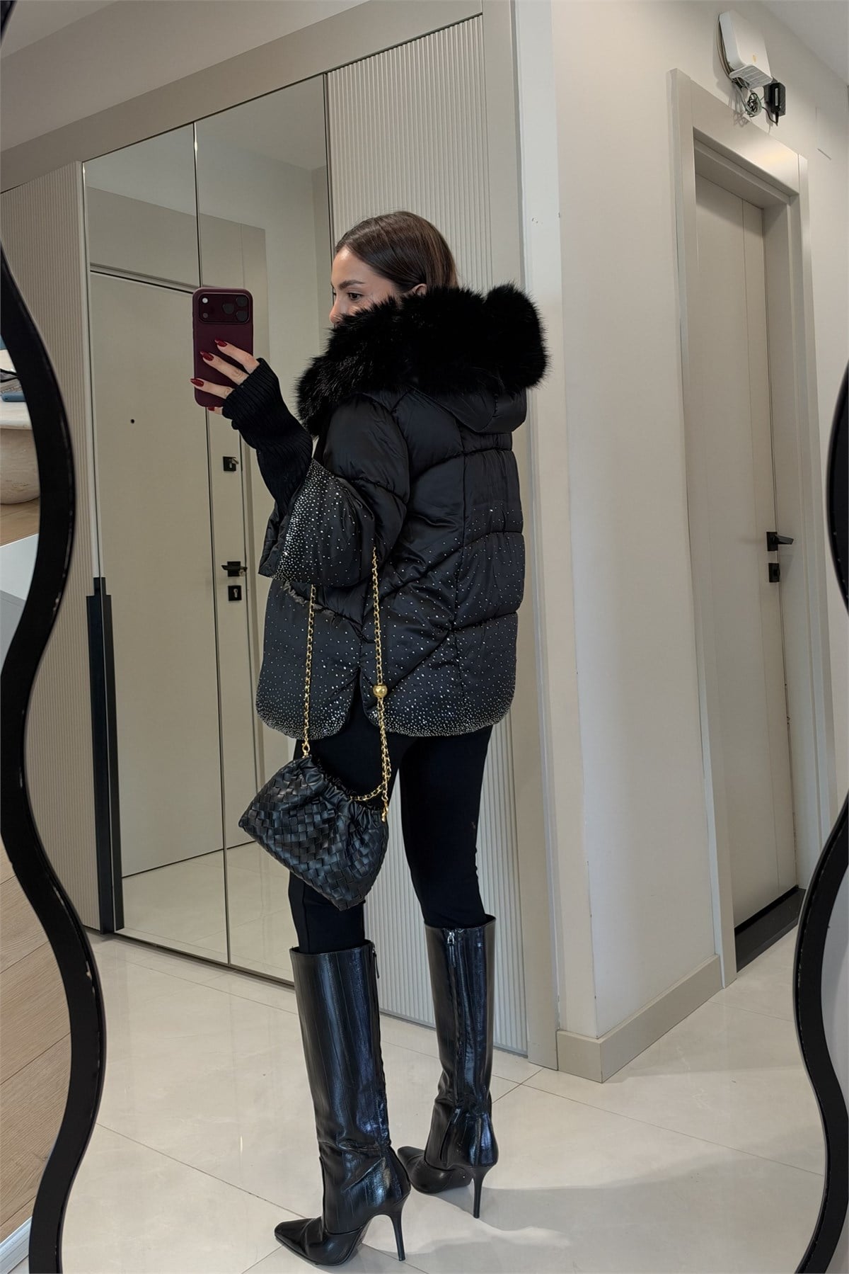 Bonilla Siyah Taşlı Premium Lüks Şişme Mont