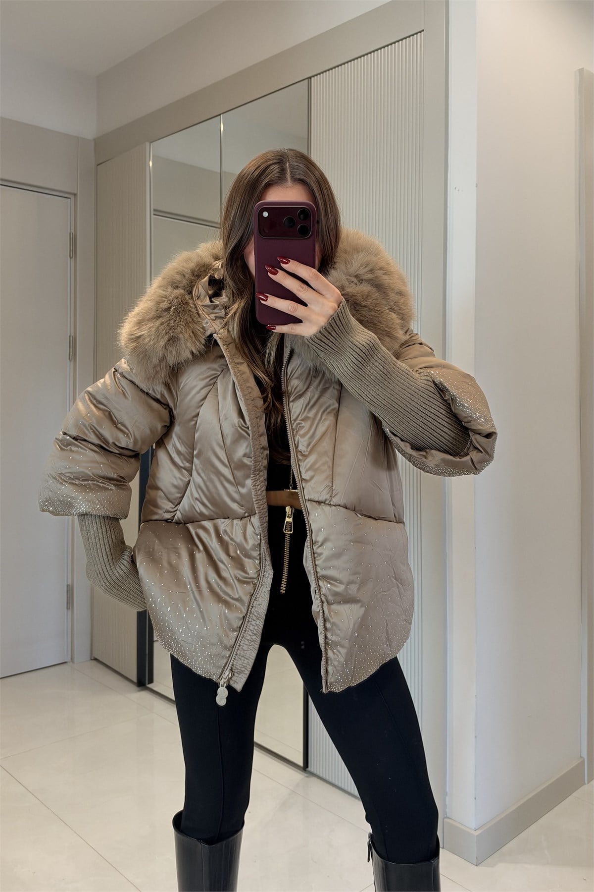 Bonilla Vizon Taşlı Premium Lüks Şişme Mont
