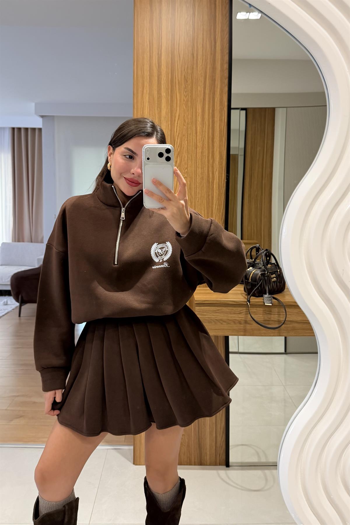 Bonnerie Kahve Şardonlu Etekli Takım
