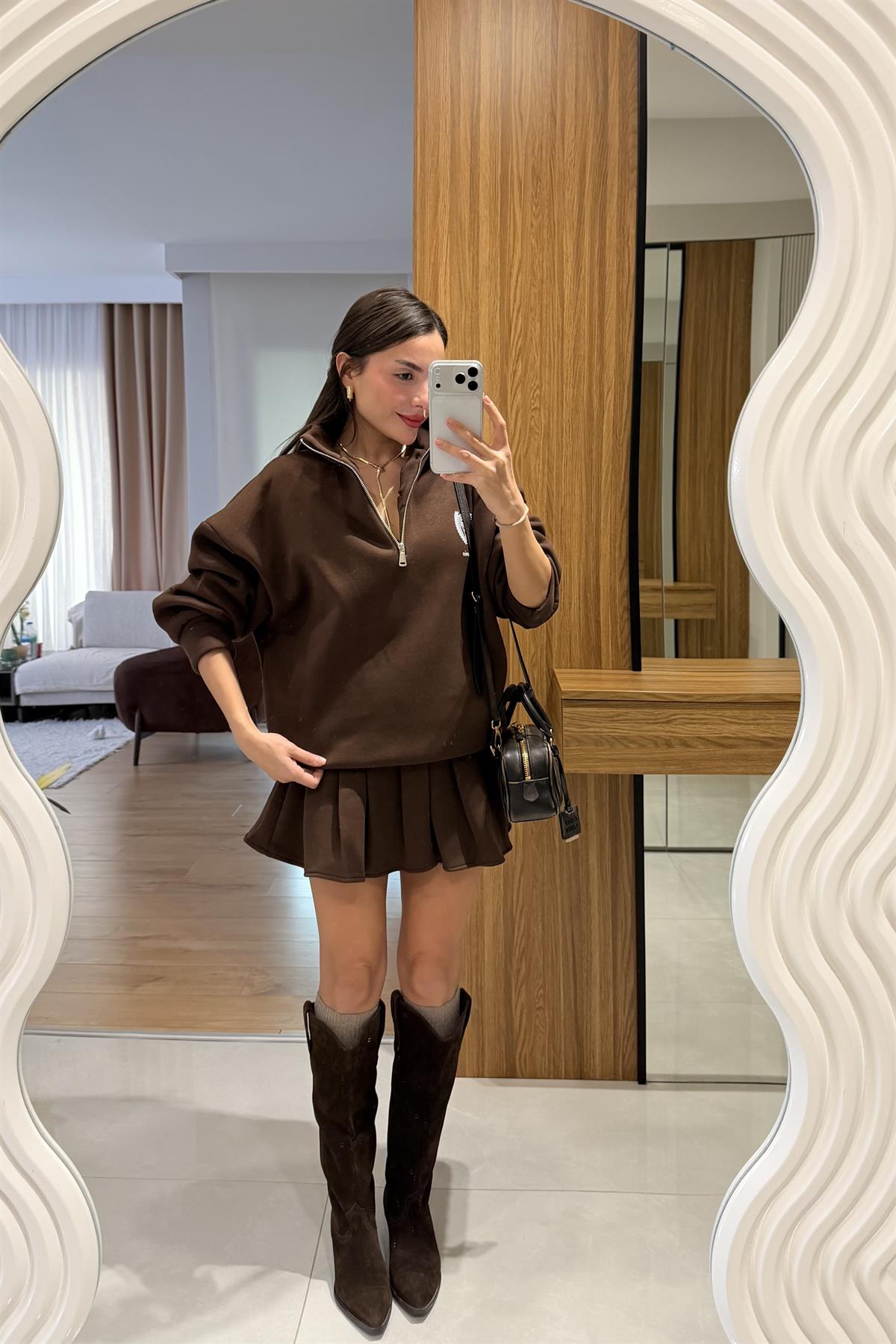 Bonnerie Kahve Şardonlu Etekli Takım