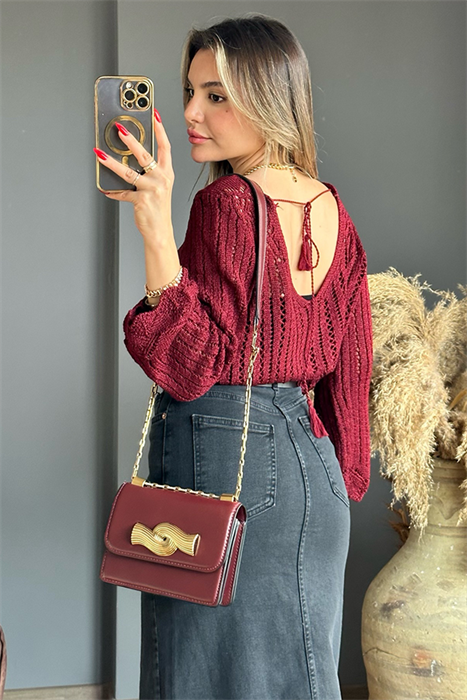 Bordo sırt dekolteli fileli triko