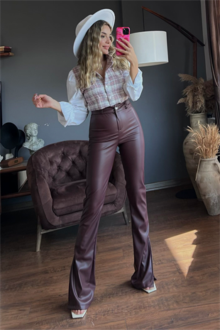 Bordo yırtmaçlı deri pantolon