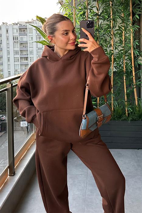Bottega Acı Kahve Kapuşonlu Oversize Eşofman Takım