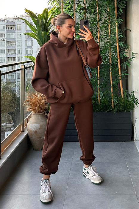 Bottega Acı Kahve Kapuşonlu Oversize Eşofman Takım