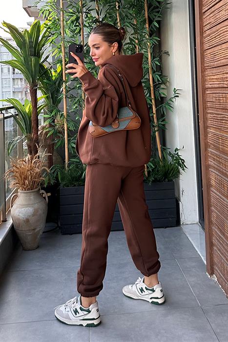 Bottega Acı Kahve Kapuşonlu Oversize Eşofman Takım