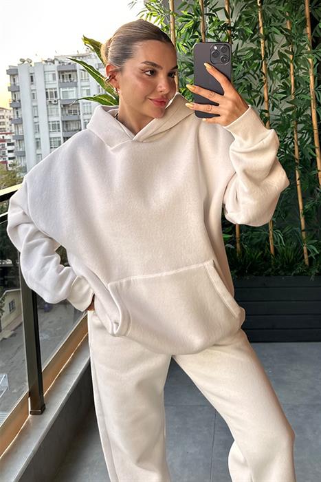 Bottega Krem Kapuşonlu Oversize Eşofman Takım
