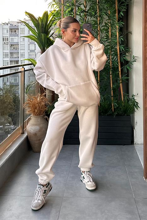 Bottega Krem Kapuşonlu Oversize Eşofman Takım