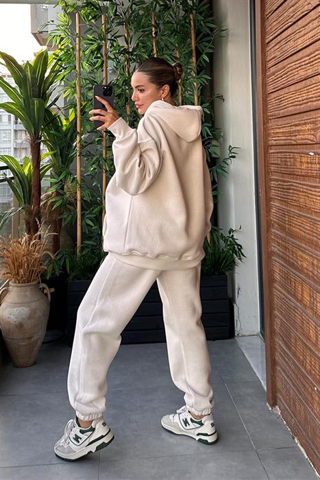 Bottega Krem Kapuşonlu Oversize Eşofman Takım