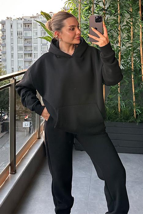 Bottega Siyah Kapuşonlu Oversize Eşofman Takım