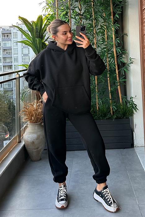 Bottega Siyah Kapuşonlu Oversize Eşofman Takım