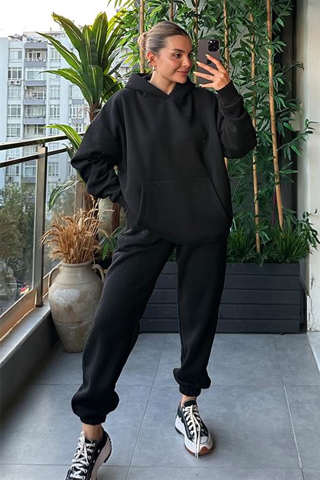Bottega Siyah Kapuşonlu Oversize Eşofman Takım