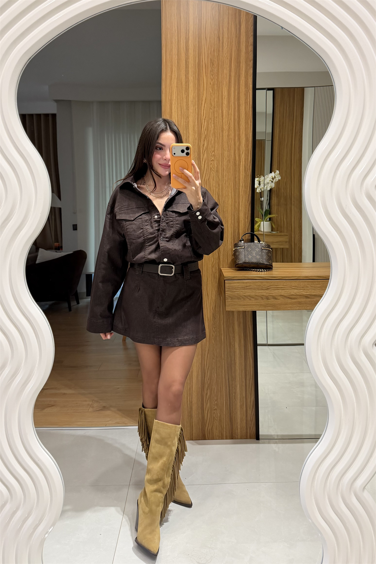Bouje Kahve Kemerli Denim Elbise
