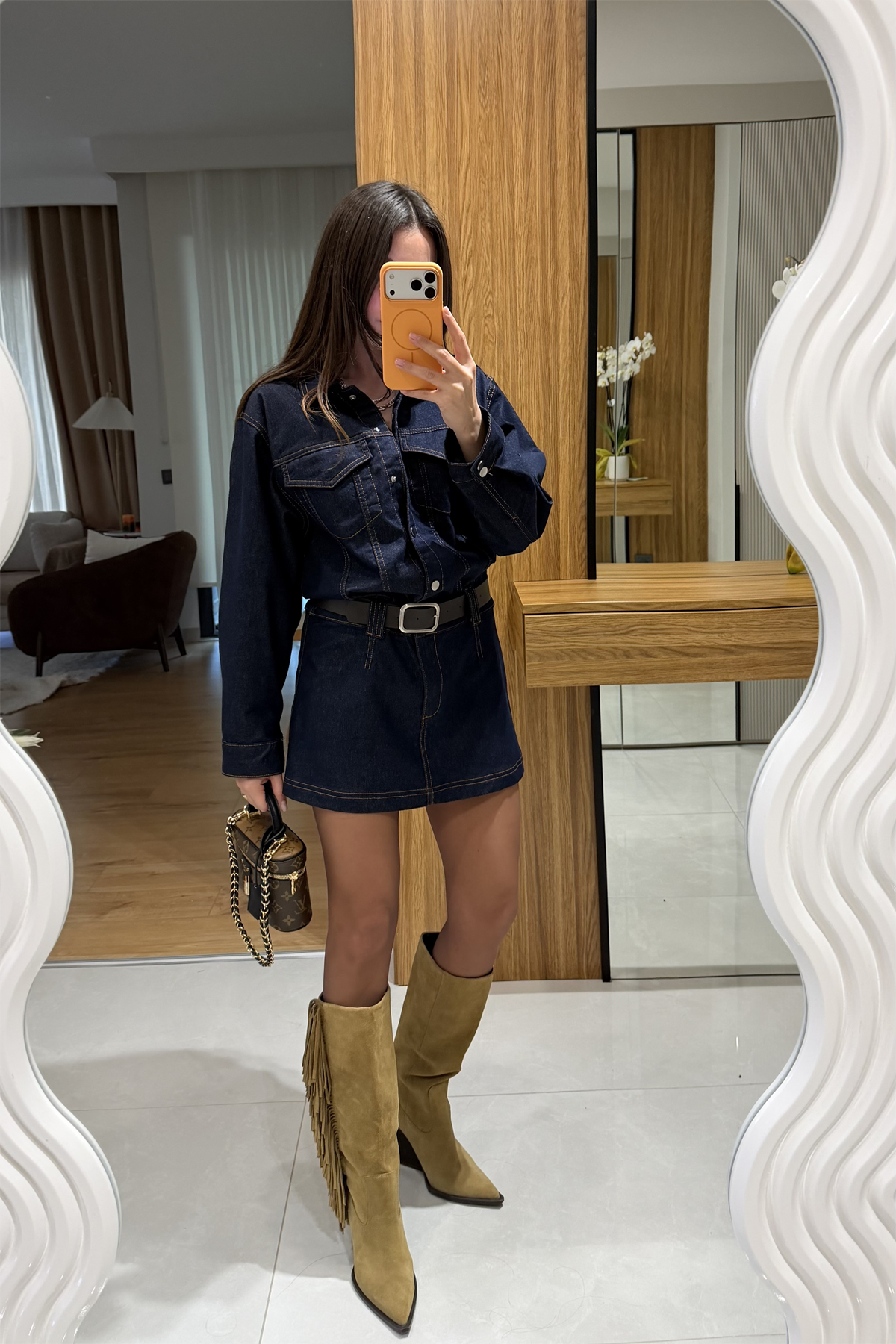 Bouje Lacivert Kemerli Denim Elbise