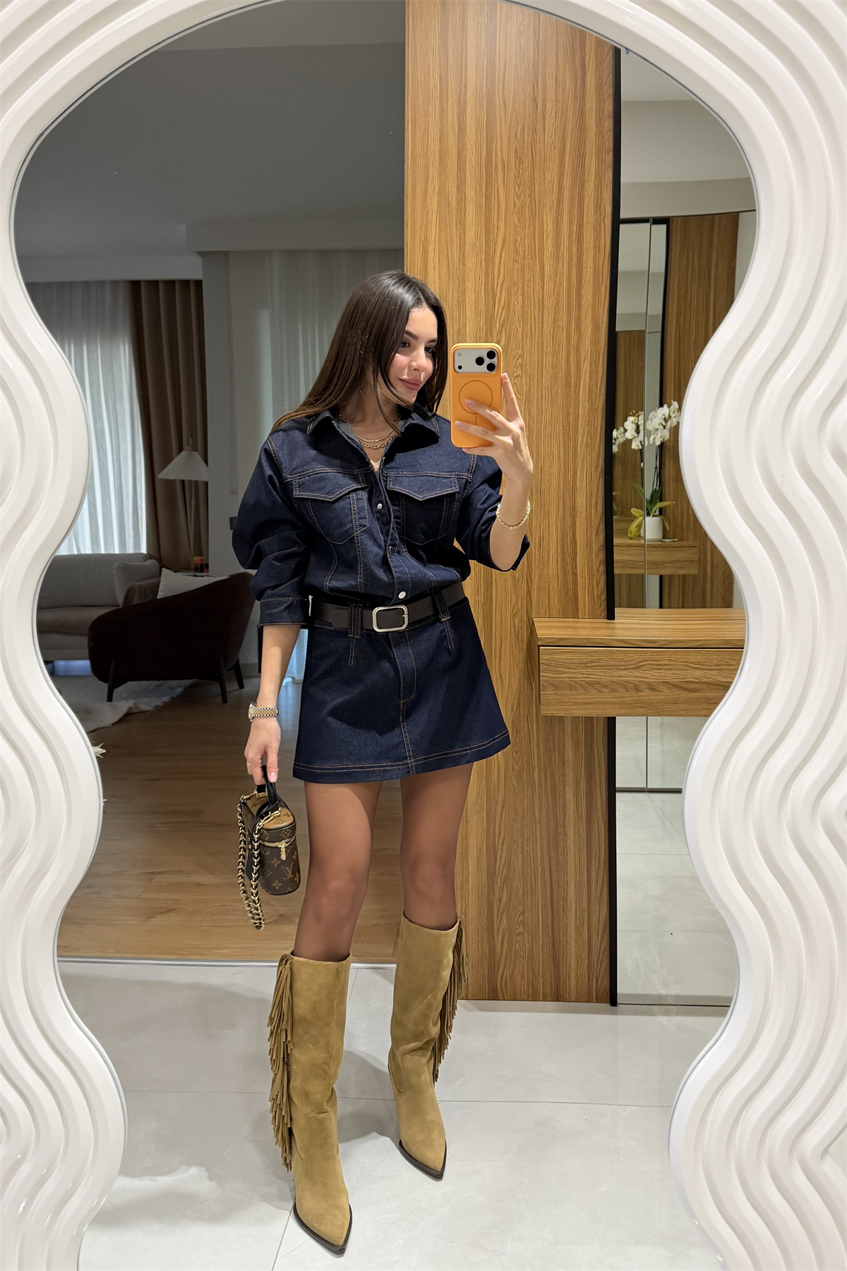 Bouje Lacivert Kemerli Denim Elbise