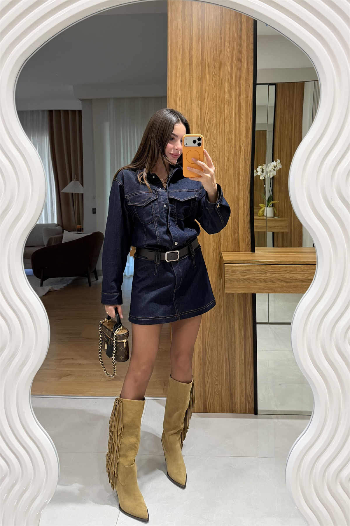 Bouje Lacivert Kemerli Denim Elbise