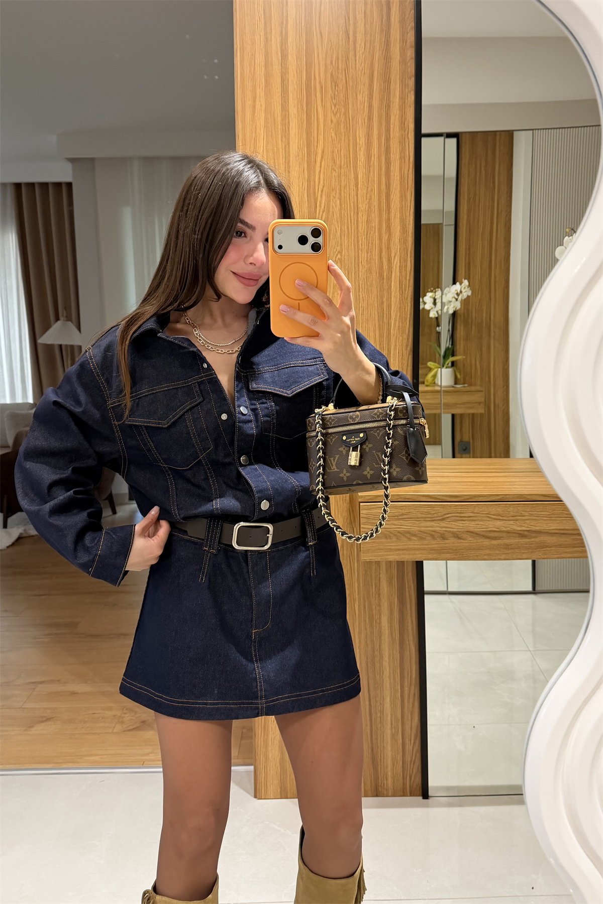 Bouje Lacivert Kemerli Denim Elbise