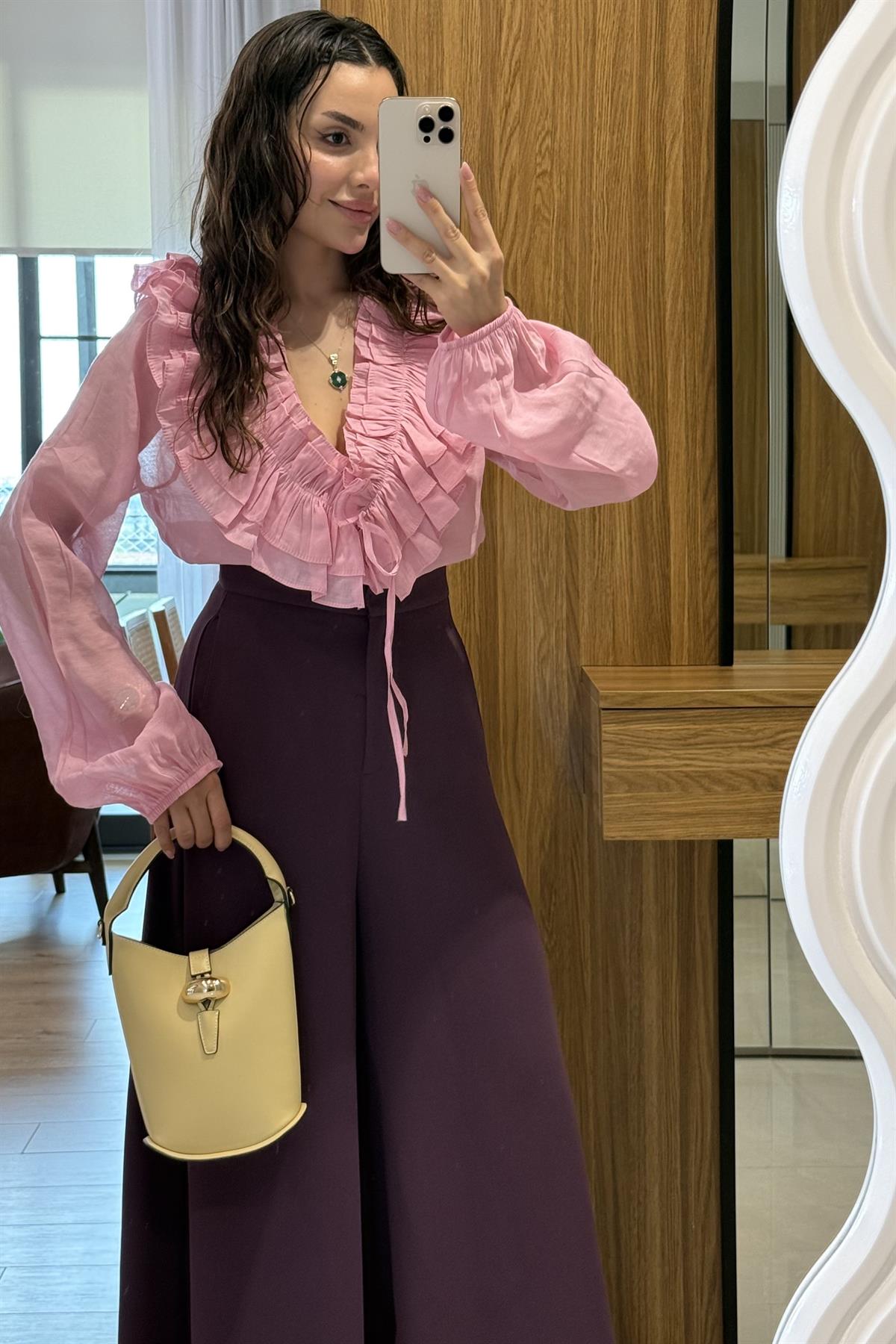 Bouti Pembe Fırfırlı İpli Gömlek