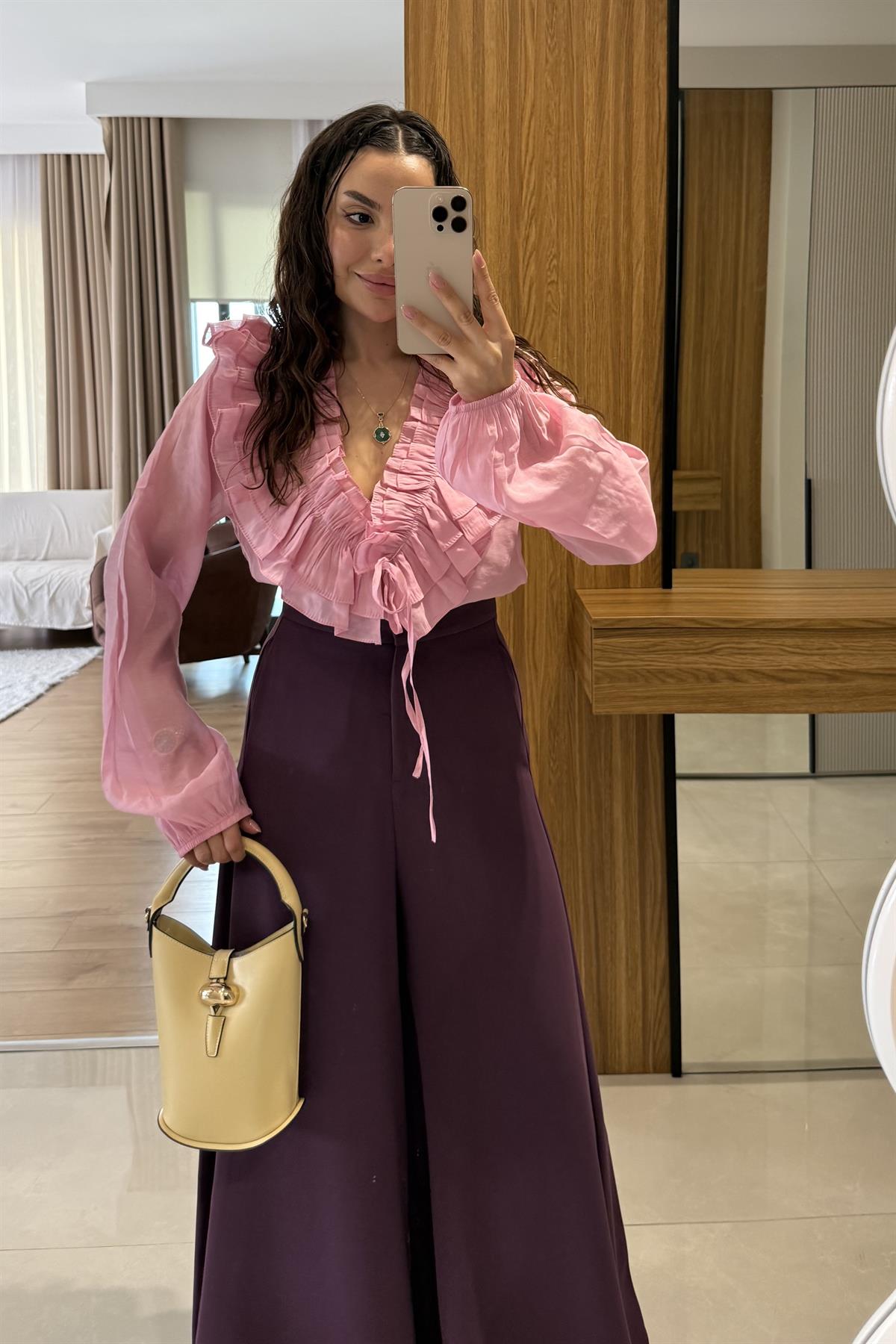 Bouti Pembe Fırfırlı İpli Gömlek