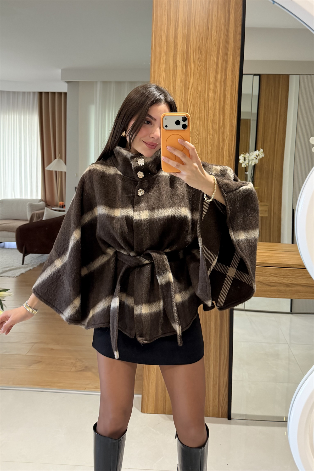 Bowie Kahve Ekose Kaşe Panço