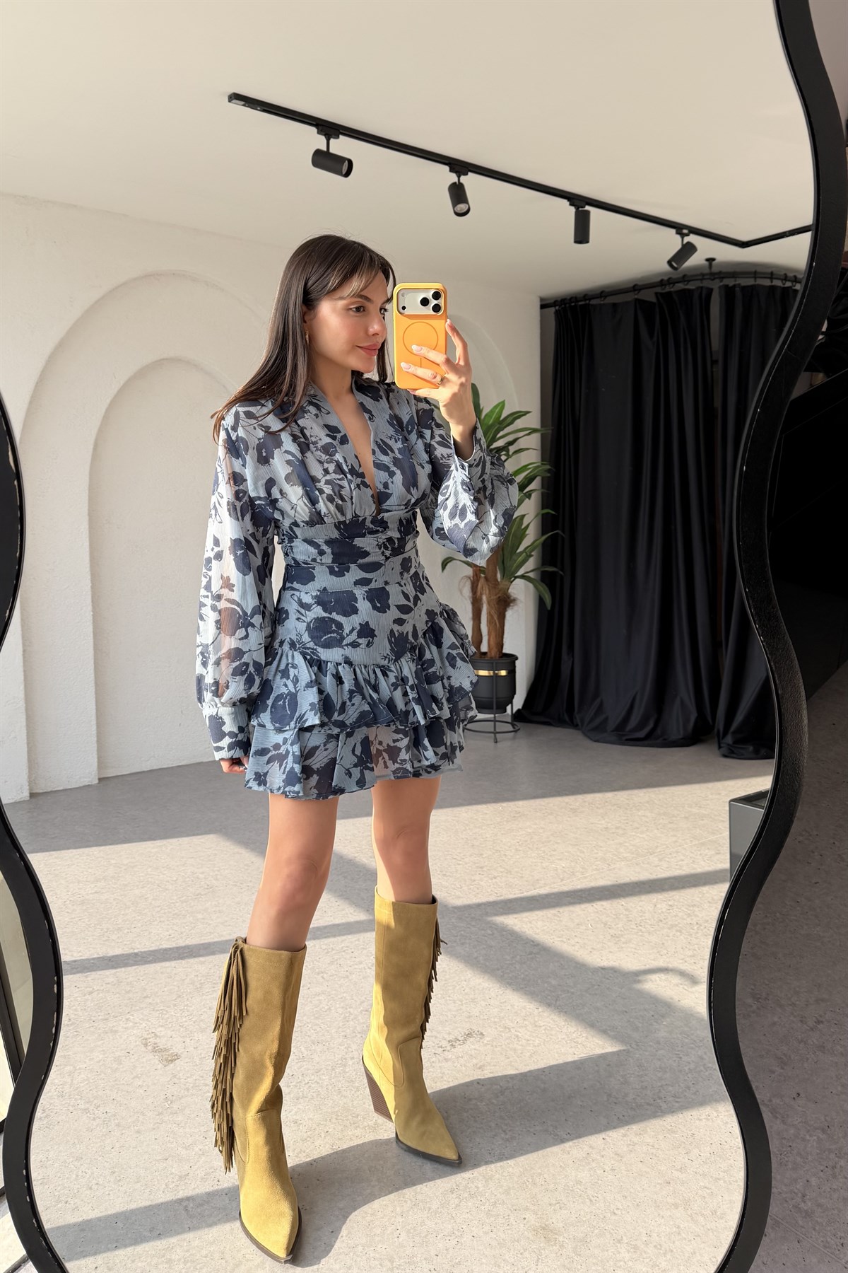 Bowti Mavi Kat Kat Volanlı Desenli Mini Şort Etek