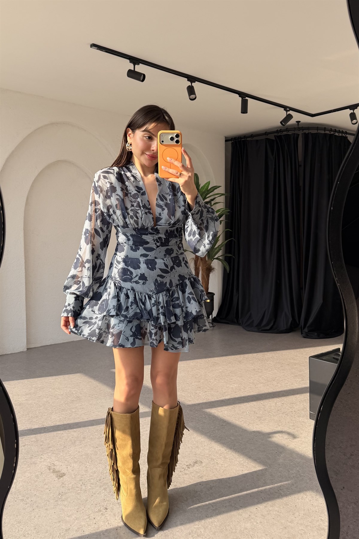 Bowti Mavi Kat Kat Volanlı Desenli Mini Şort Etek