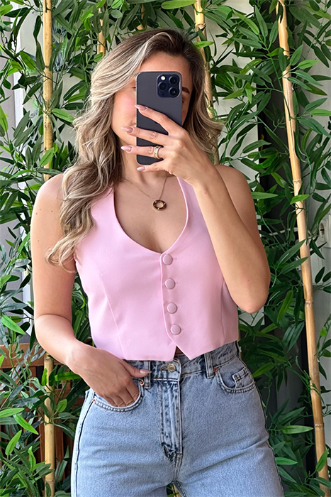 Boyundan bağlamalı toz pembe crop yelek